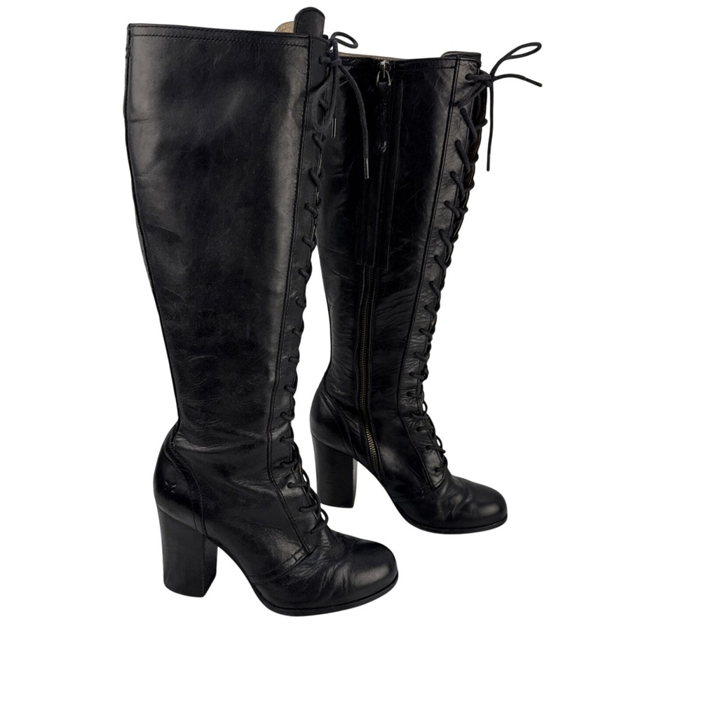 FRYE Parker Tall Lace Up Boots Black Leather Block Heel Size 6 Vintage y2k Boho
